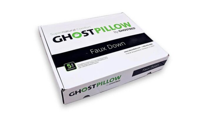 GhostPillow Faux Down box by Ghostbed with bold branding and cruelty-free sleep product focus.