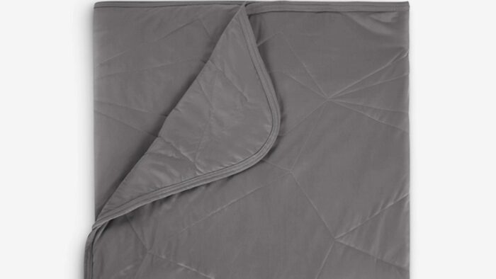 Gray weighted blanket, soft texture, precise stitching, enhances comfort and modern home décor.