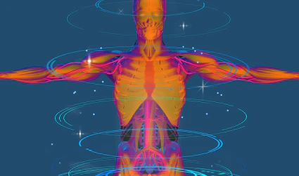 Abstract human body art symbolizing energy and vitality against a deep blue background.