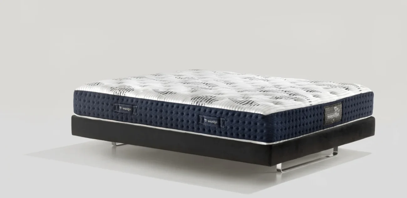 Modern king-size mattress with quilted top and navy sides on sleek platform base.