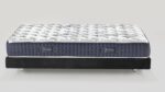Luxury plush mattress with quilted white top, navy sides, and black foundation for modern elegance.