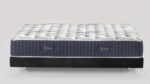 Modern gel mattress with breathable top and navy perforated sides for comfort and luxury.