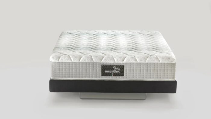 Plush quilted mattress on sleek modern base with neutral tones for versatile decor.