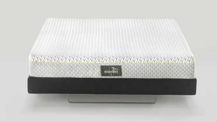 Modern square mattress with textured top, light gray and black design, luxury brand label.