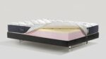 Modern ergonomic mattress on sleek black frame, featuring quilted top and foam layers.