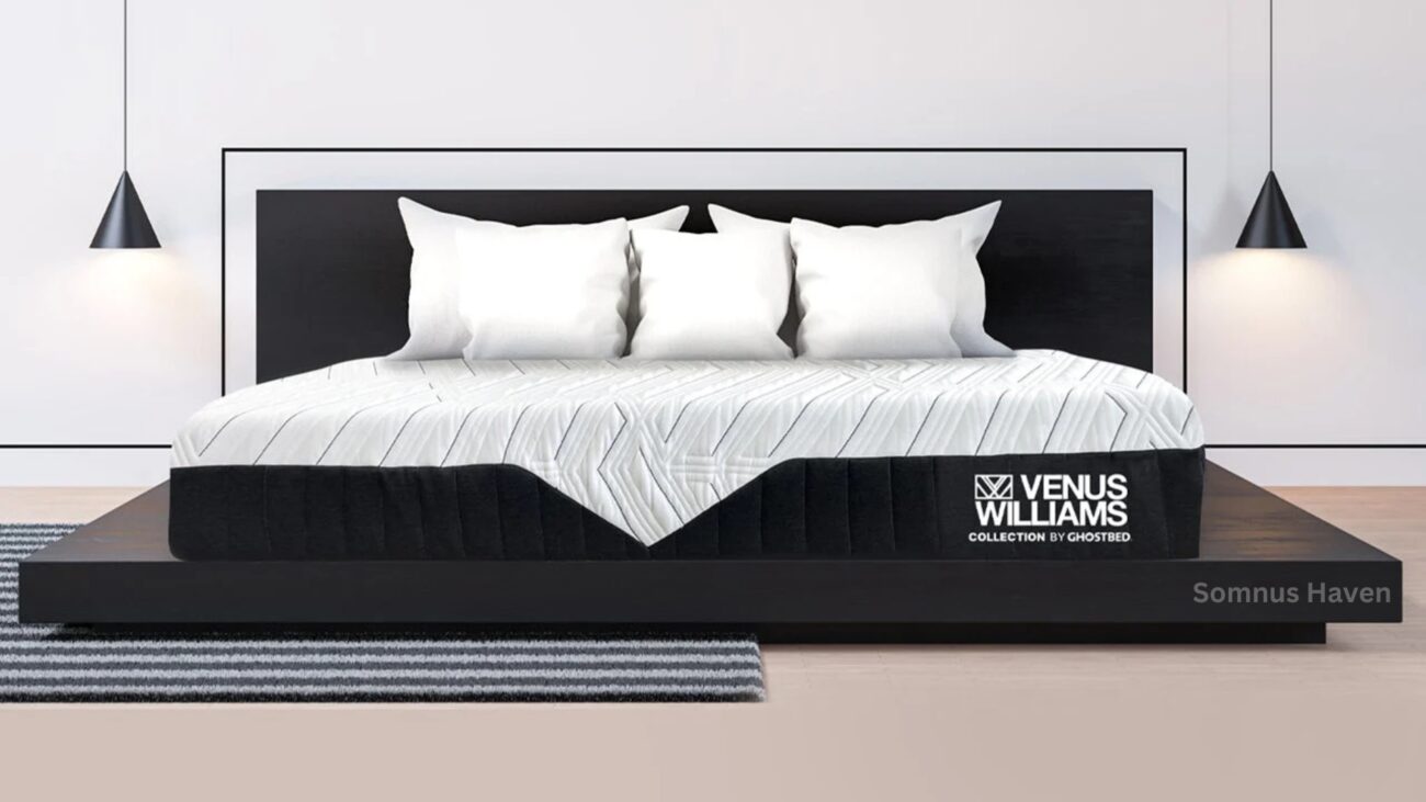 Contemporary dark wood bed with elegant bedding, pendant lighting, and minimalist decor.