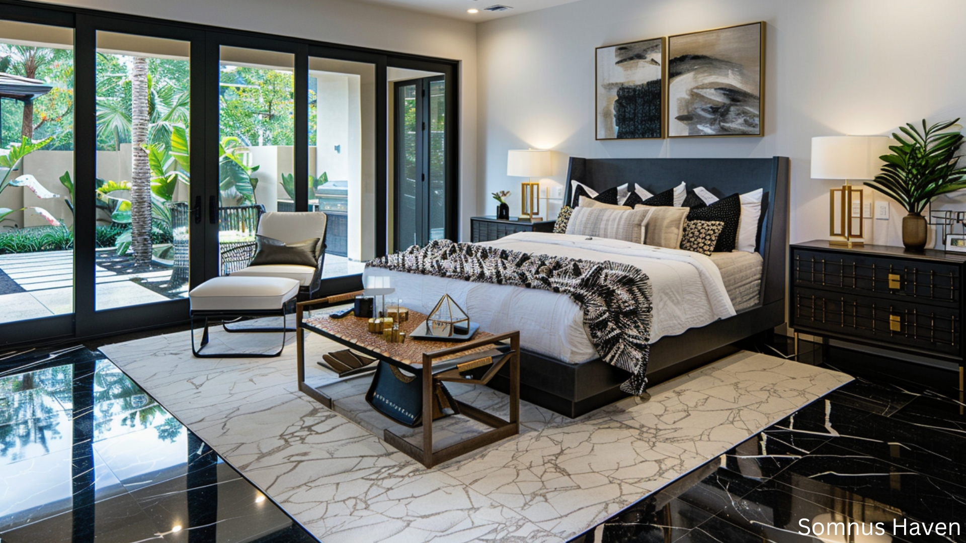 Modern bedroom with king bed, chic decor, patio views, and natural light.