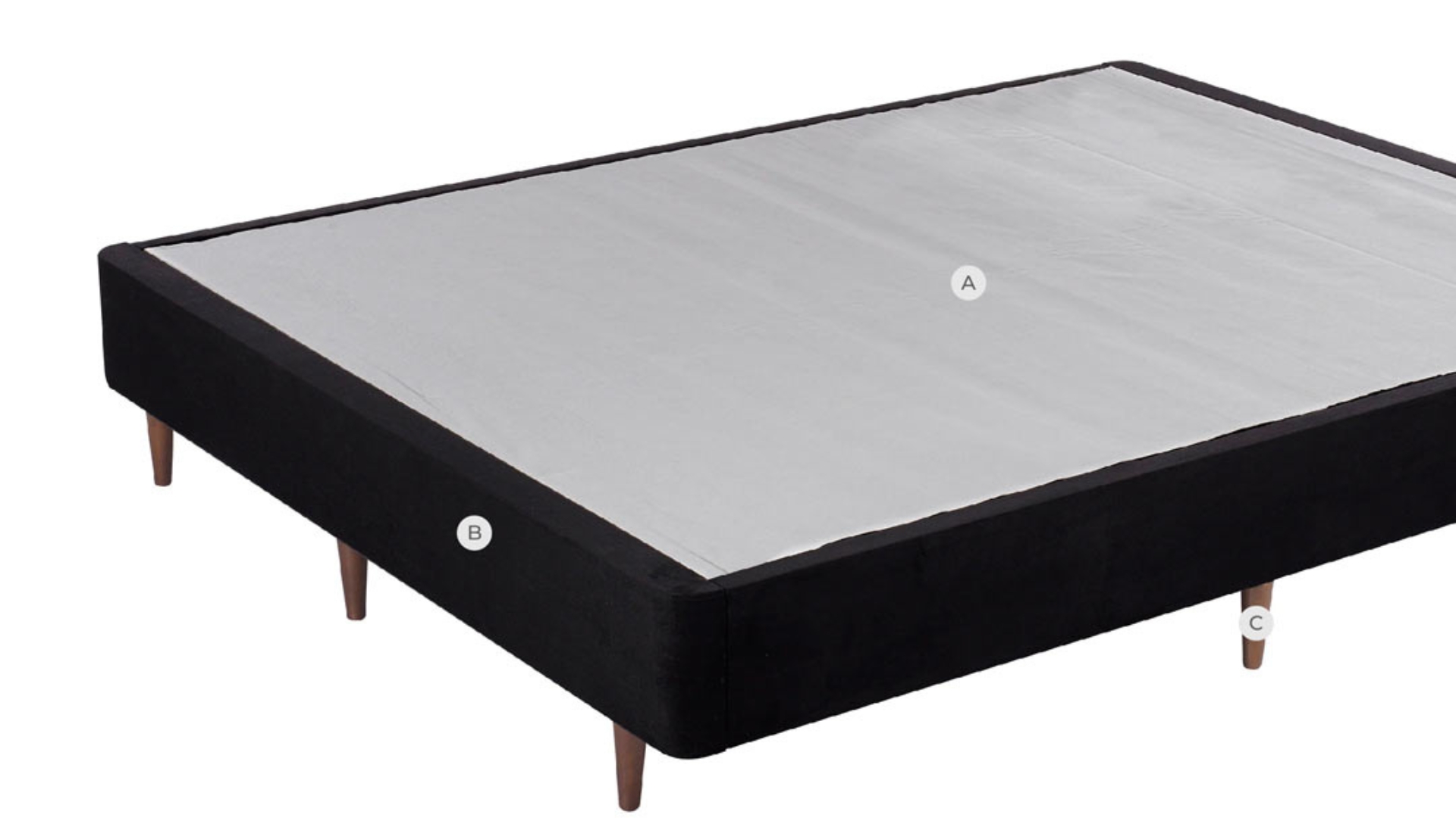Sleek black bed frame with tapered legs, low-profile design, and modern aesthetics.