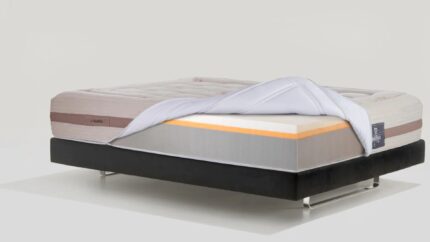 Contemporary mattress set with layered design on sleek platform bed for modern bedroom style.