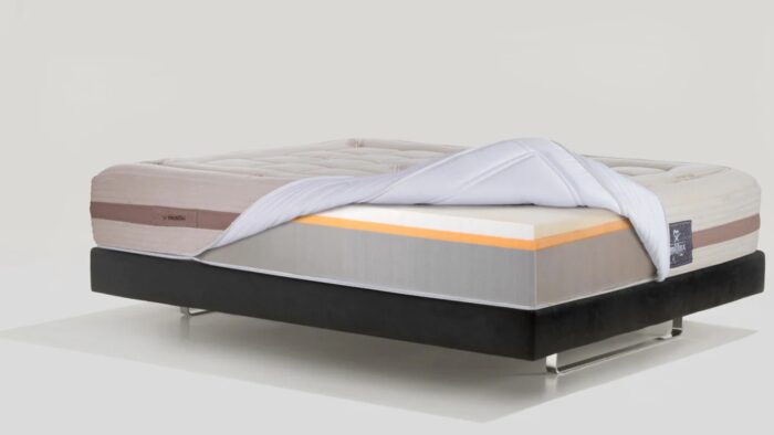 Contemporary mattress set with layered design on sleek platform bed for modern bedroom style.