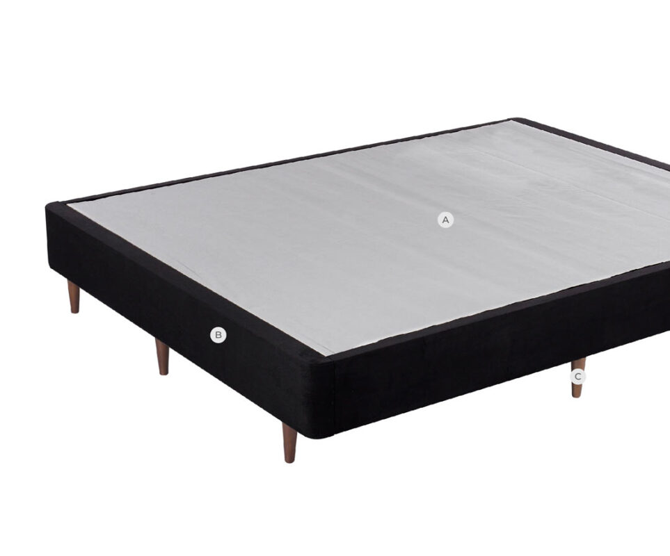 Sleek black mattress foundation with wooden legs for contemporary bedroom decor.