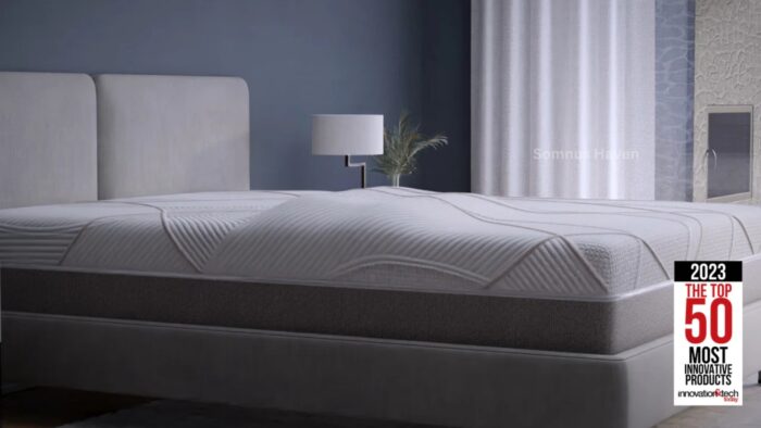 Modern minimalist bedroom featuring innovative mattress design with calming neutral tones.