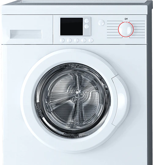 Modern white front-loading washing machine with transparent door, digital display, and ergonomic controls.