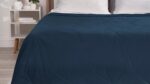 Modern bedroom with navy quilt, white pillows, and minimalist nightstand decor.