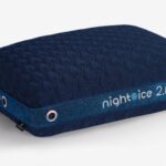 Nightice 2.0 pillow: ergonomic, stylish, navy blue design for enhanced sleep comfort and airflow.