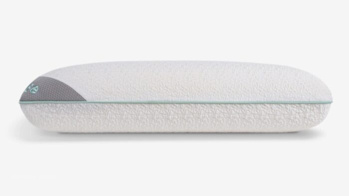 Ergonomic white pillow for side and back sleepers with gray accent for style.