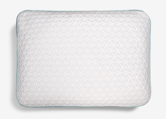 Modern oblong white pillow with blue trim and geometric patterns for versatile sleep support.