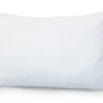 Eco-friendly white pillow, soft fabric, bright green logo tag, comfort for all sleep positions.