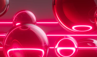 Glossy red spheres with neon lines against a deep red gradient backdrop.