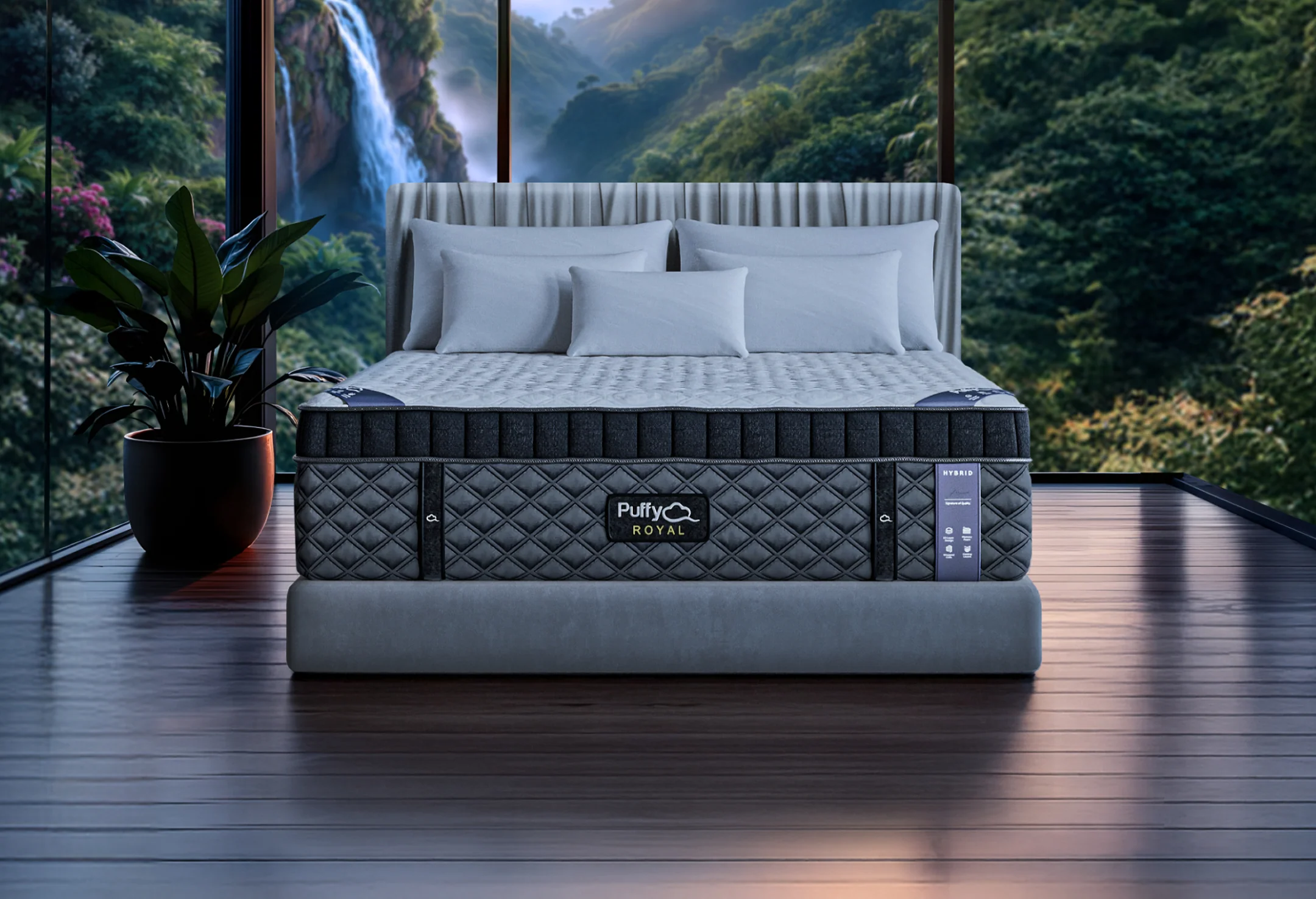 Modern bedroom with plush mattress, nature view, digital controls, and serene decor.