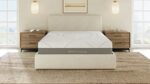 Modern bedroom with plush bed, warm lighting, and serene decor featuring natural elements.