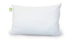 White rectangular pillow with green eco-friendly tag, offering modern design and comfort.