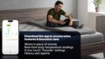 Smart bed app for adjusting settings and monitoring sleep quality in a modern bedroom.
