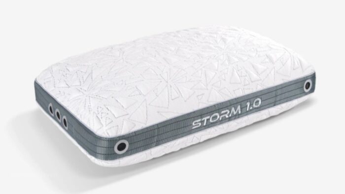 High-tech Storm 1.0 pillow with geometric design, tech ports, and sleek aesthetics for improved sleep.