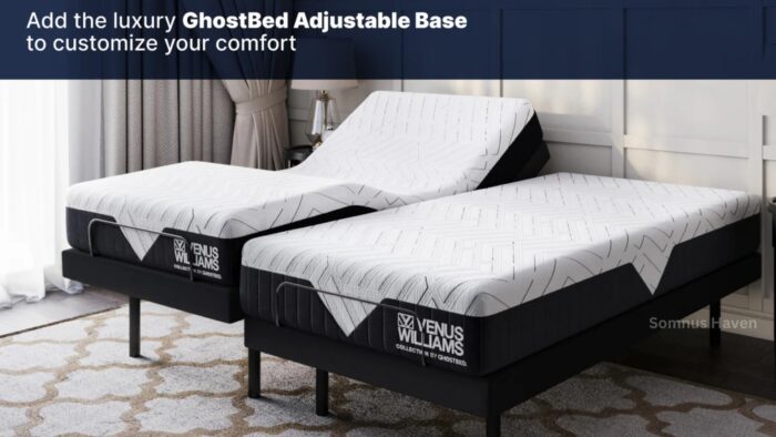 Luxury adjustable beds with Venus Williams mattresses in a stylish, warm-toned bedroom.
