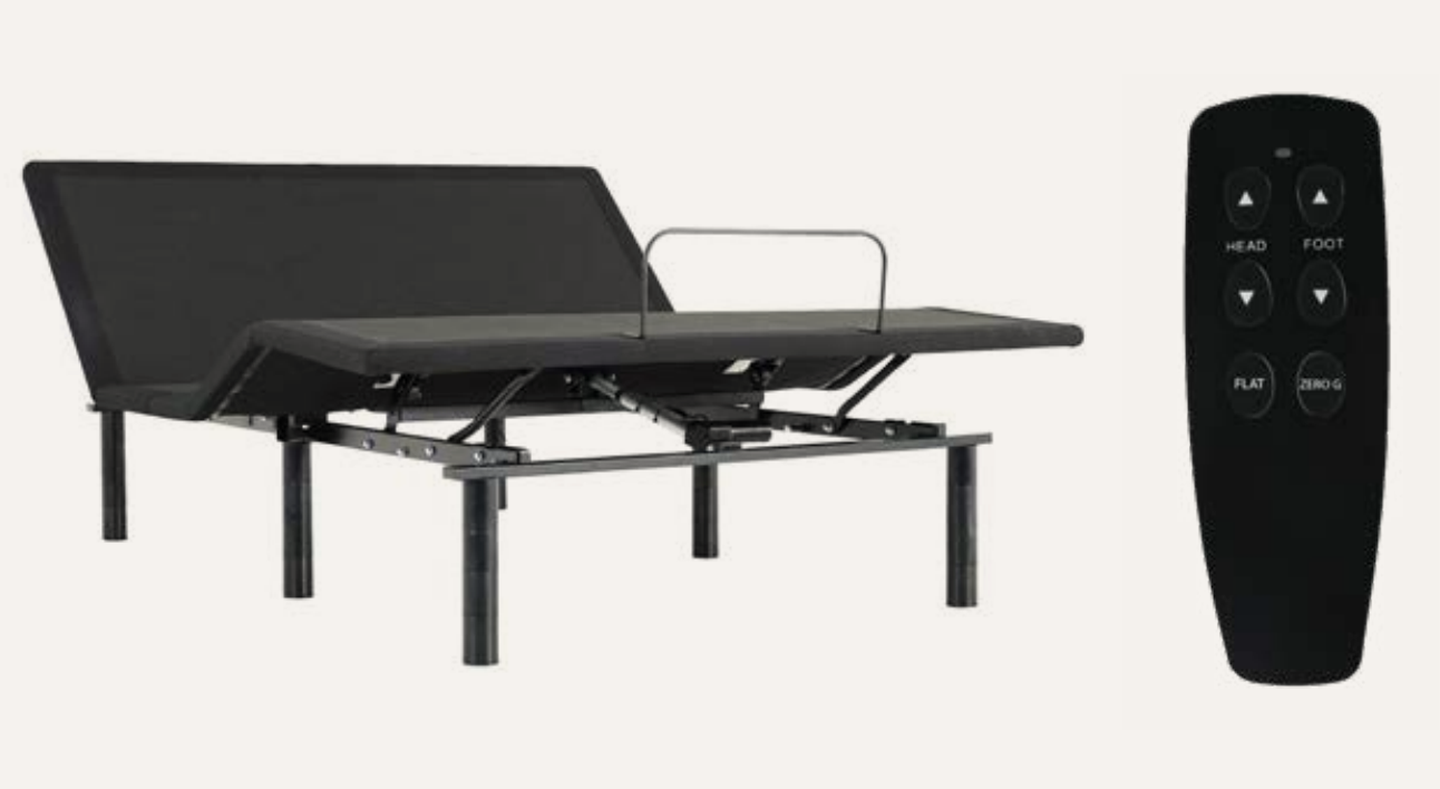 Sleek adjustable bed with remote control, black upholstery, and durable metal frame for personalized comfort.