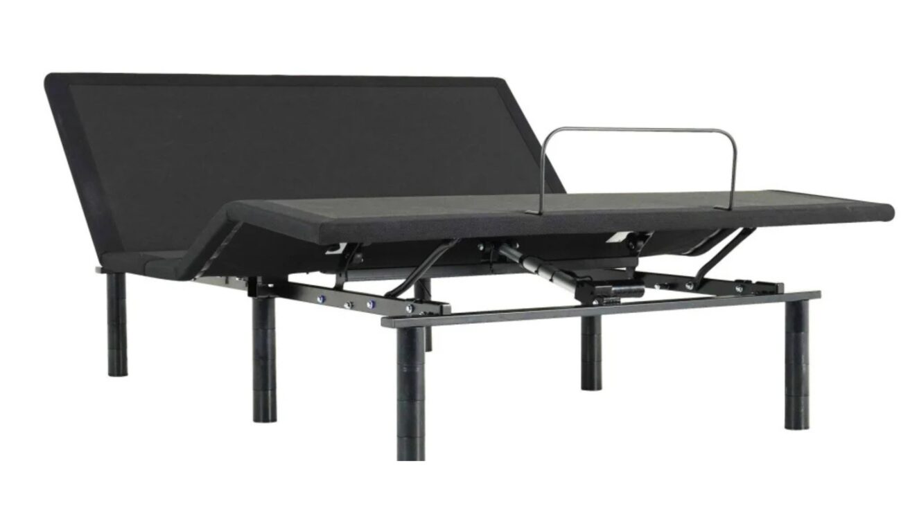 Minimalist black metal adjustable bed frame with ergonomic backrest and manual adjustment handle.