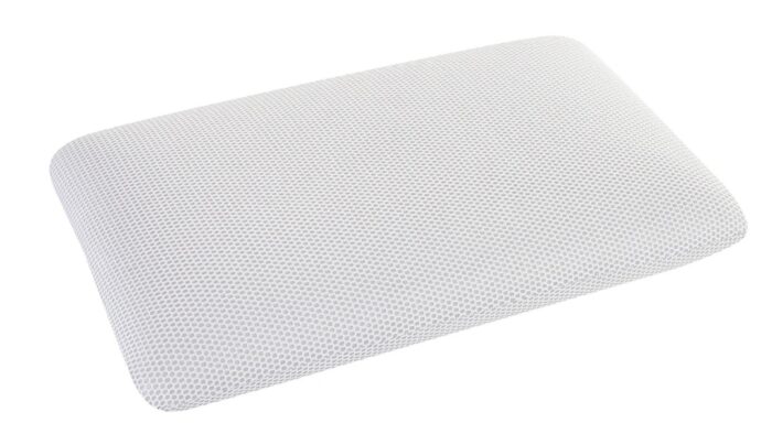 Ergonomic white pillow with breathable mesh for cool, comfortable sleep. Suitable for all positions.