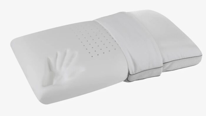 Ergonomic pillow with handprint design, dual-firmness, enhanced support, ventilation for improved sleep.