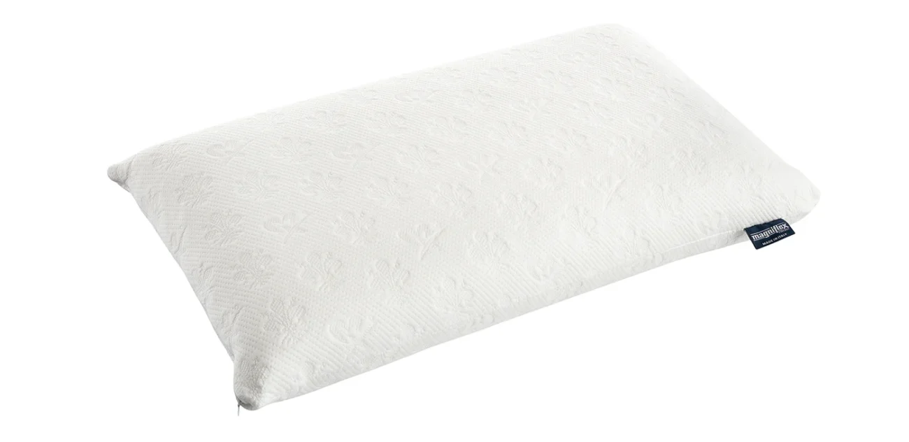 Plush white pillow with soft sheen, ideal for minimalist decor, featuring premium quality label.