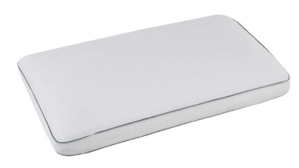 White rectangular pillow with blue trim, minimalist design, comfortable for all sleeping positions.