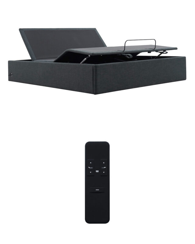 Modern black electronic case with sleek design and matching minimalistic remote control.